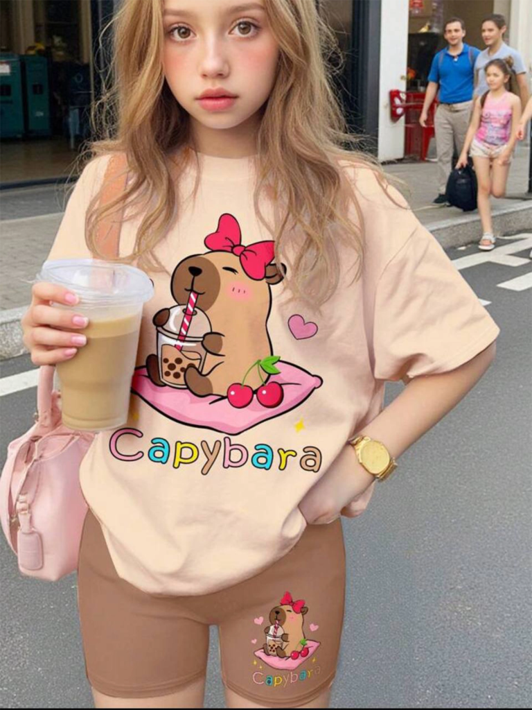 Kidswear 41- Cute Cartoon, Capybara Print, Cute Bow Anime Print, Tween Girls Casual Short Sleeve T-Shirt And Shorts 2 Pieces Set, Suitable For Summer $13