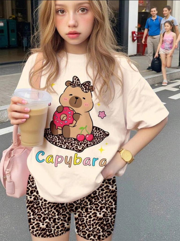 Kidswear 41- Cute Cartoon, Capybara Print, Cute Bow Anime Print, Tween Girls Casual Short Sleeve T-Shirt And Shorts 2 Pieces Set, Suitable For Summer $13