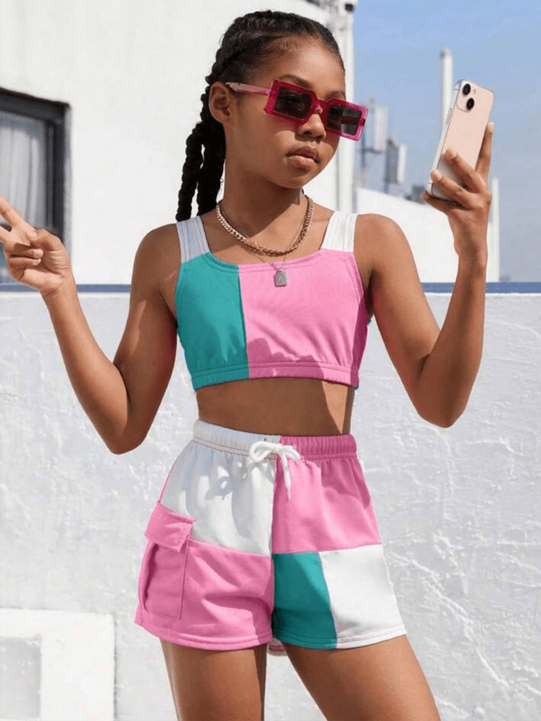 Kidswear 31- Tween Girls Colorblock Camisole & Shorts 2 Pieces Outfit
$12