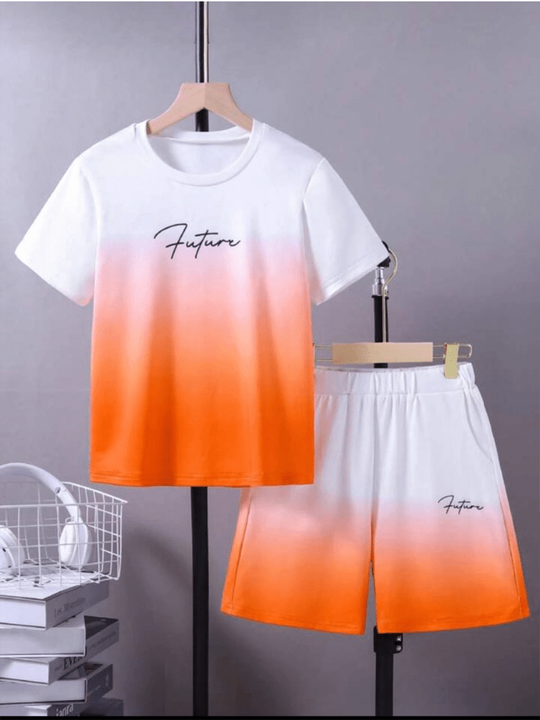 Kidswear 11-2pcs/Set Tween Boy Casual Ombre Design Letter Print Short Sleeve T-Shirt And Matching Shorts Set, Spring/Summer
$11