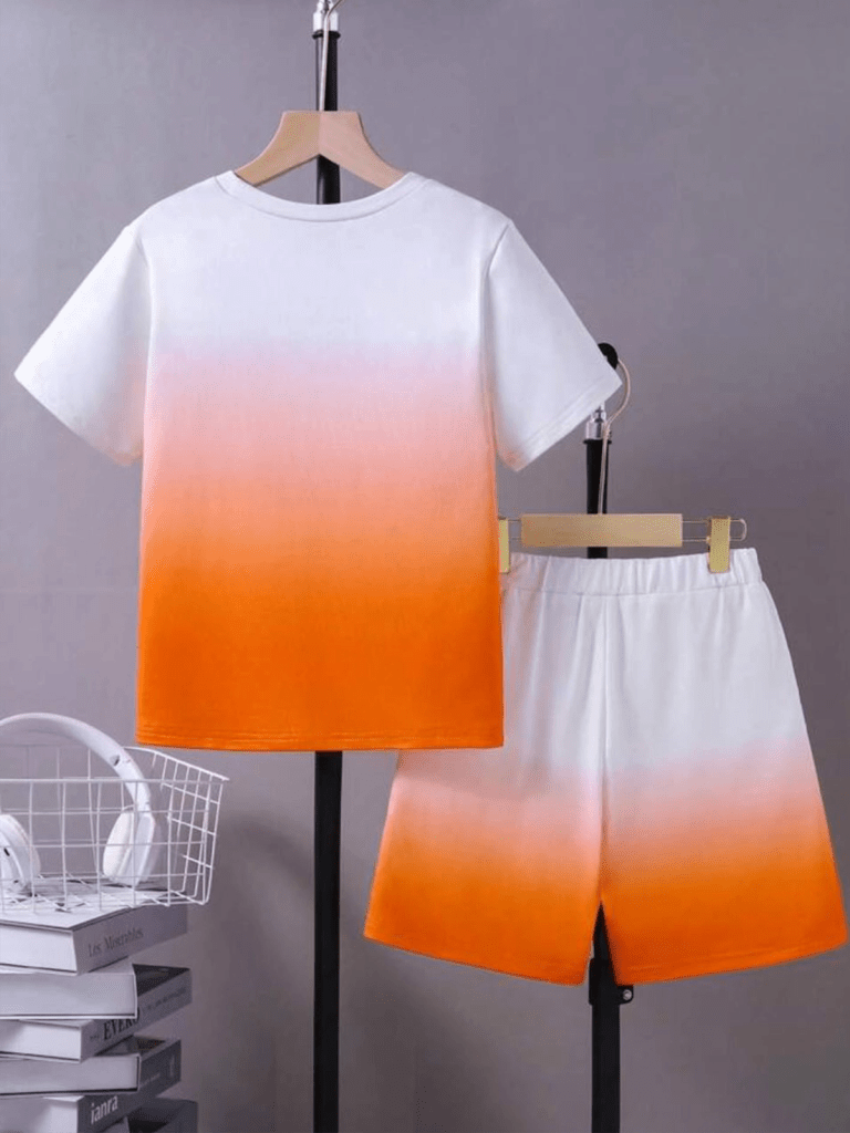 Kidswear 11-2pcs/Set Tween Boy Casual Ombre Design Letter Print Short Sleeve T-Shirt And Matching Shorts Set, Spring/Summer
$11