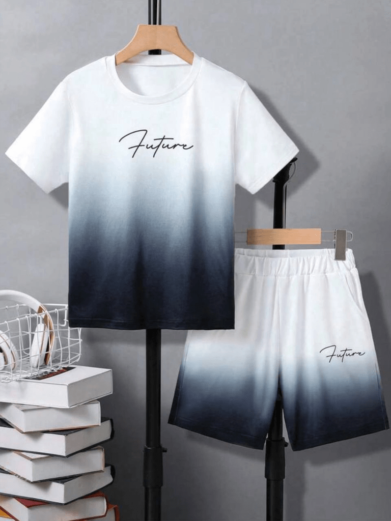 Kidswear 11-2pcs/Set Tween Boy Casual Ombre Design Letter Print Short Sleeve T-Shirt And Matching Shorts Set, Spring/Summer
$11