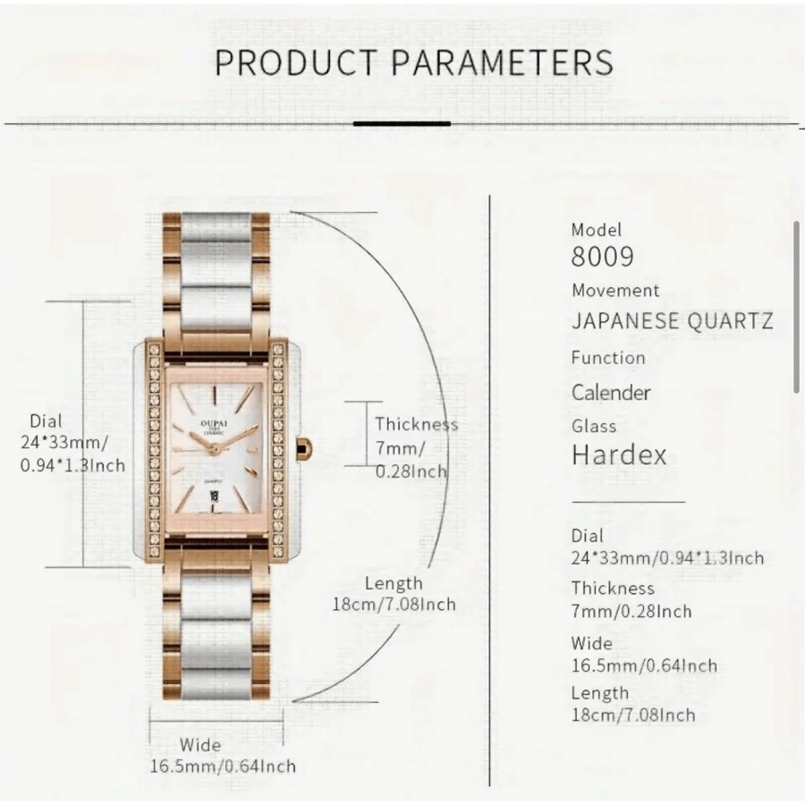 Watches 31- Oupai rectangular dial with stainless steel and white ceramic strap, Women's calendar display, quartz fashionable and minimalist Women's watch
$35