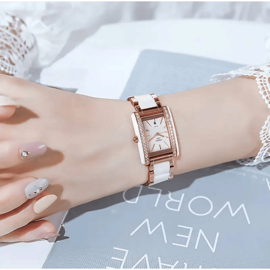 Watches 31- Oupai rectangular dial with stainless steel and white ceramic strap, Women's calendar display, quartz fashionable and minimalist Women's watch
$35