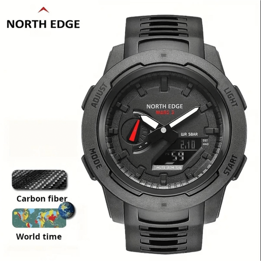 Watches 41- NORTH EDGE MARS3 Men's, Women's Sports Watch - 45mm Carbon Fiber Case, Stopwatch, Alarm Clock, World Time, with LED Backlight and Silicone Strap, Ideal Gift for Outdoor Sports, Holidays Birthdays
$28