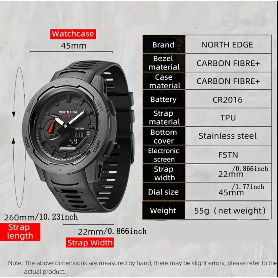 Watches 41- NORTH EDGE MARS3 Men's, Women's Sports Watch - 45mm Carbon Fiber Case, Stopwatch, Alarm Clock, World Time, with LED Backlight and Silicone Strap, Ideal Gift for Outdoor Sports, Holidays Birthdays
$28